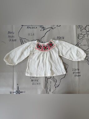 Zara White Long-Sleeve Top with Pink & Green Crochet Neckline